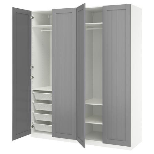 Grey PAX closet with drawers and shelves open.