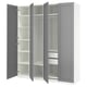 Grey PAX wardrobe open, empty shelves and drawers.