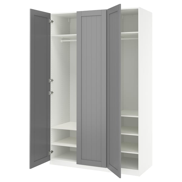 PAX wardrobe: grey, white shelves, wall-mounted, tall, sleek design.