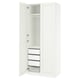 A white PAX wardrobe with open doors, revealing shelves and drawers. Its a storage unit with a clean design.