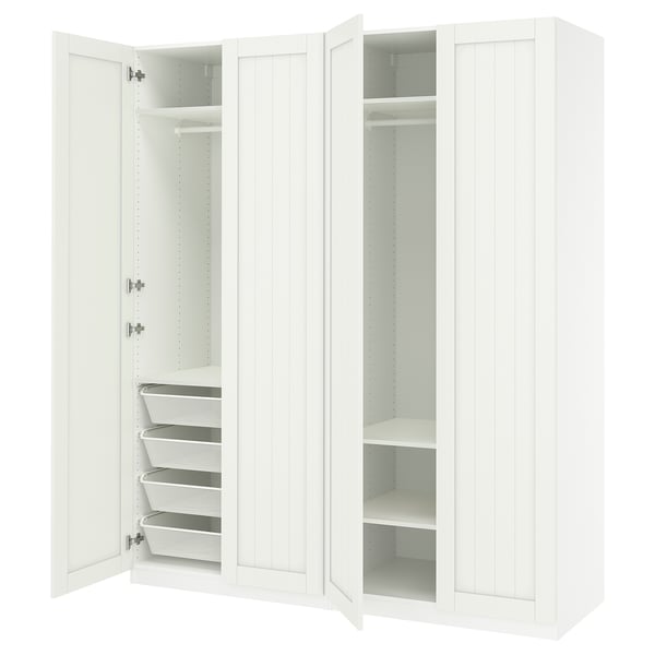 Two white PAX wardrobes with doors open, showing adjustable shelves and mesh drawers.
