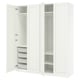 Two white PAX wardrobes with doors open, showing adjustable shelves and mesh drawers.