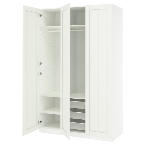 White PAX wardrobe, open doors revealing shelves, hanging rail, and mesh baskets.