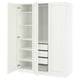 A white PAX wardrobe with open doors, displaying shelves and a mesh basket.