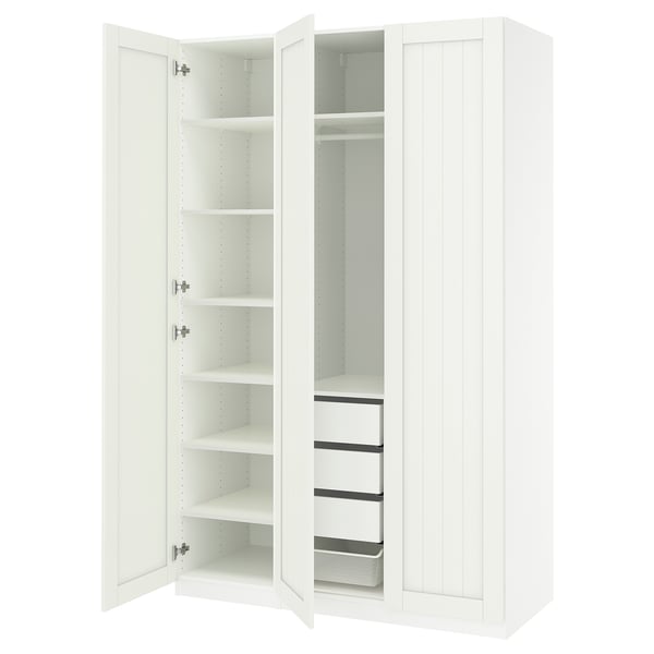 An open white ikea PAX wardrobe with multiple shelves and drawers, featuring a modern, minimalist design.