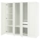 White ikea PAX wardrobe with 3 sections, adjustable shelves, pull-out trays, wall-mounted, silver hinges.