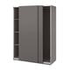 Grey PAX wardrobe with sliding doors and shelves.