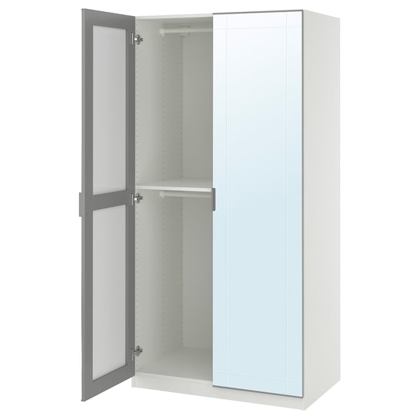 White PAX wardrobe with grey mirror, adjustable storage.