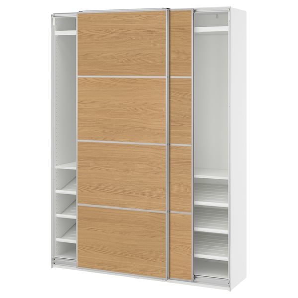 PAX / MEHAMN Wardrobe with sliding doors, white aluminium/double sided oak effect, 150x43x201 cm