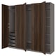 PAX wardrobe with brown wood grain doors and grey interior, featuring shelves and mesh drawers.