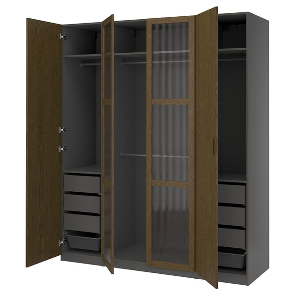 PAX wardrobe: modern design, oak/black, includes drawers and shelves, mounted on a wall.