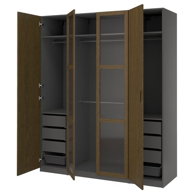PAX wardrobe: modern design, oak/black, includes drawers and shelves, mounted on a wall.