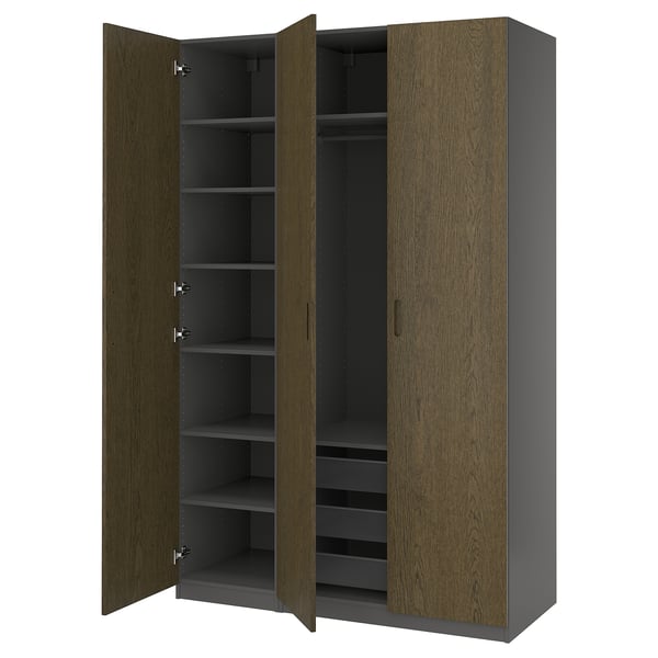 PAX closet, walnut finish, tall with shelves, hanging rails, and mesh basket, modern design.