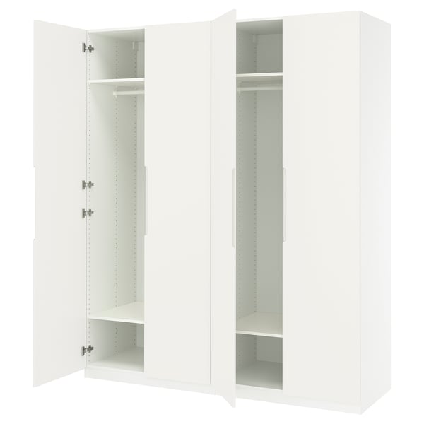 White PAX wardrobe, open doors showcasing empty shelves and hanging rod, modern design.