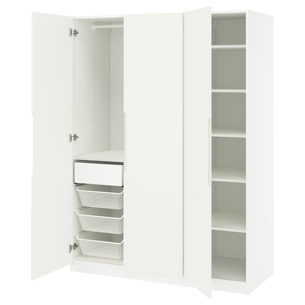 White PAX wardrobe with open shelves and drawers, sleek modern design.