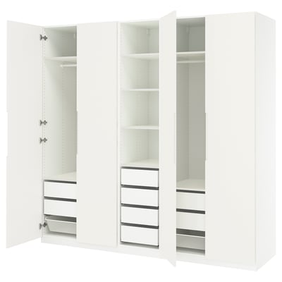 White PAX wardrobe with mirrored doors, featuring shelves and drawers.