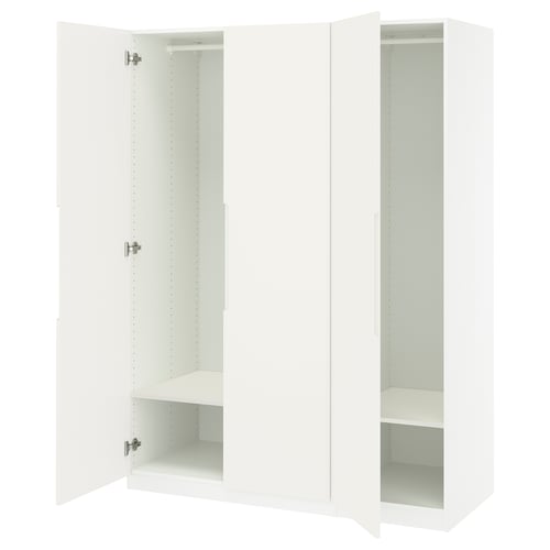 White PAX wardrobe with open sections showcasing shelves and hanging rail.