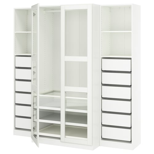 White PAX wardrobe with glass doors, adjustable shelves, and hinged doors, designed for organised storage.