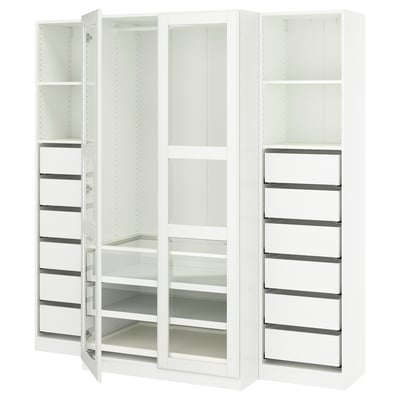 White PAX wardrobe with glass doors, adjustable shelves, and hinged doors, designed for organised storage.