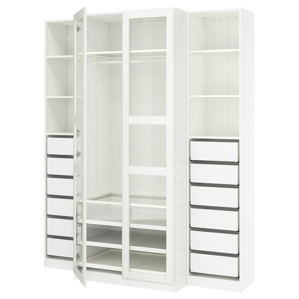 A white ikea PAX wardrobe with glass doors, featuring shelves and drawers.