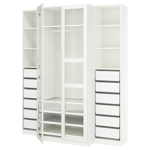 A white ikea PAX wardrobe with glass doors, featuring shelves and drawers.