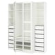 A white ikea PAX wardrobe with glass doors, featuring shelves and drawers.