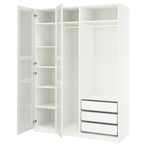 White PAX wardrobe, open doors, clean interior, shelves and rail.