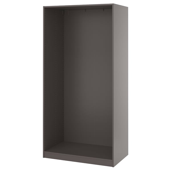 Grey PAX wardrobe frame, upright, foldable for easy assembly.