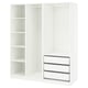 White PAX wardrobe with open shelves and drawers, modern minimalist design.