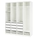 IKEA PAX: white, 4-section closet, open style, glass shelves, cloth hangers, pull-out trays.