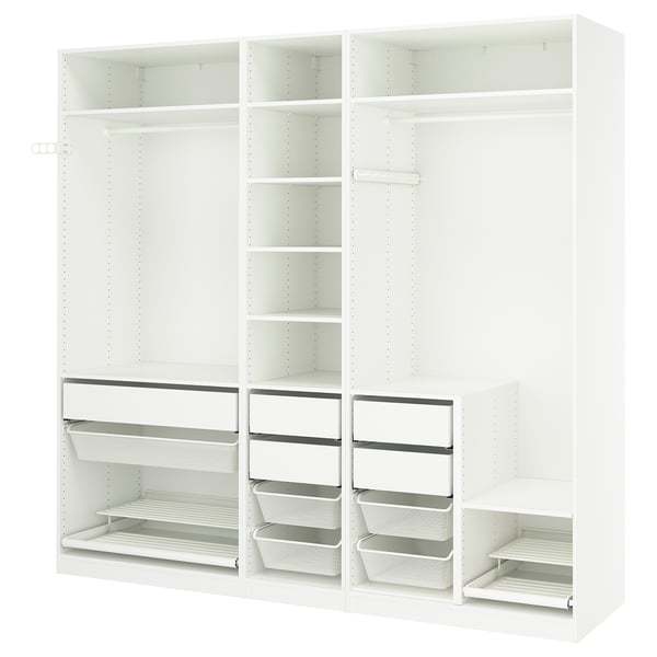 White PAX wardrobe with shelves, drawers, and railings for organised storage.