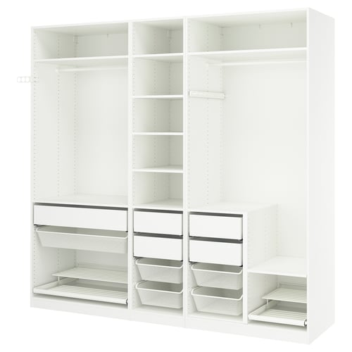 White PAX wardrobe with shelves, drawers, and railings for organised storage.