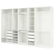 White IKEA PAX wardrobe with shelves, drawers, and hanging space.