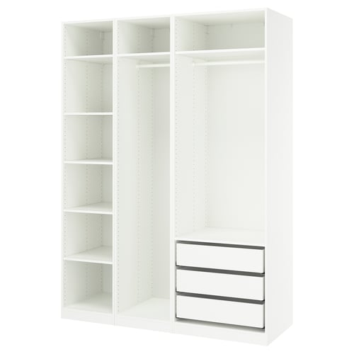 White PAX closet: 3 sections, 2 shelves, 1 drawer, wall-mounted.