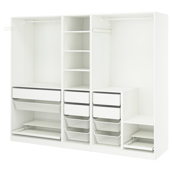 An all-white PAX wardrobe with mesh drawers, shelves, and railings for hanging clothes. Its modern and functional, designed for efficient storage.