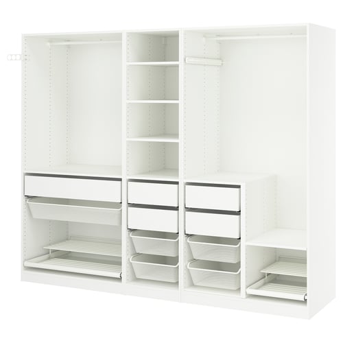 An all-white PAX wardrobe with mesh drawers, shelves, and railings for hanging clothes. Its modern and functional, designed for efficient storage.