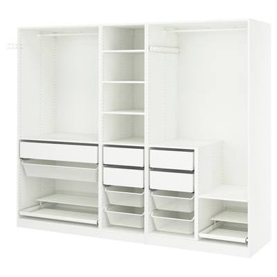 An all-white PAX wardrobe with mesh drawers, shelves, and railings for hanging clothes. Its modern and functional, designed for efficient storage.