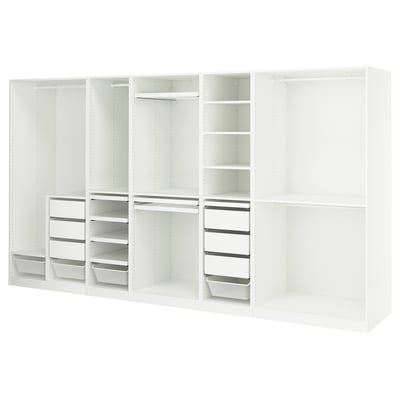 A white PAX modular wardrobe featuring shelves, drawers, and hanging space.