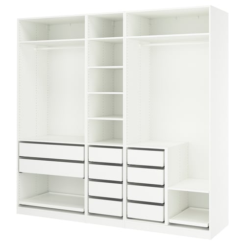 White IKEA PAX wardrobe with open shelves, hanging rail, and mesh drawers.