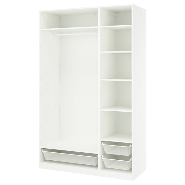 White PAX wardrobe with shelves and mesh baskets for storage.