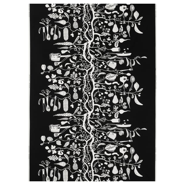 Black cotton fabric PIPDÅN with white food design by paulin machado, great for sewing.