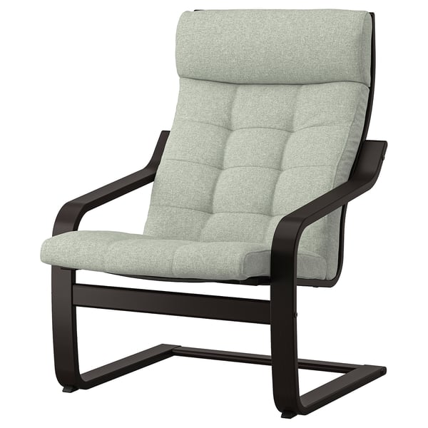 A modern POÄNG armchair in light grey fabric with black frame, featuring a curved back and tufted cushion for comfort.