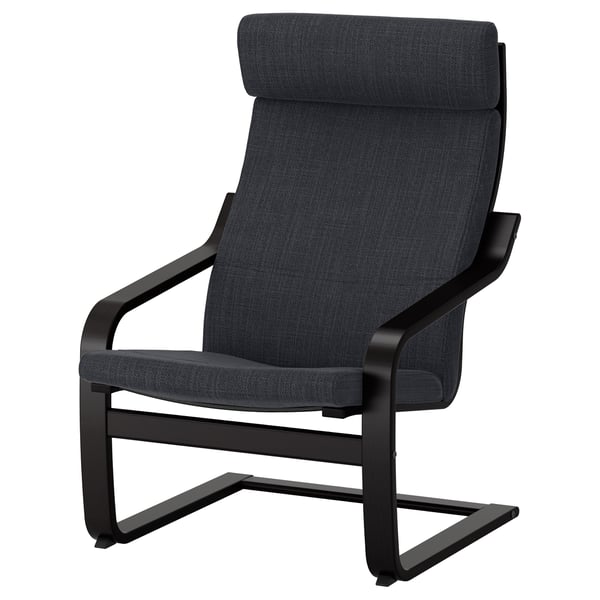 POÄNG chair: black frame & dark grey cushions, curvy design, high back, 10-year warranty.