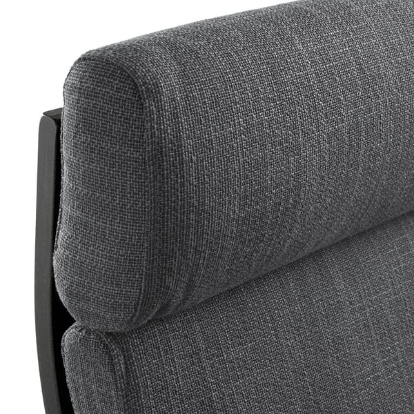 Close-up of a grey POÄNG chair with intricate fabric texture, showcasing its supportive and comfy design.