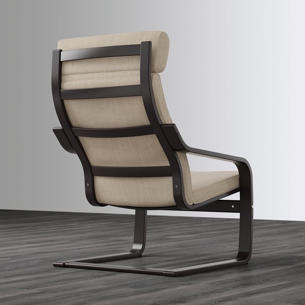 Beige cushion chair with black frame, curved for neck support. Comfortable and resilient for relaxation.