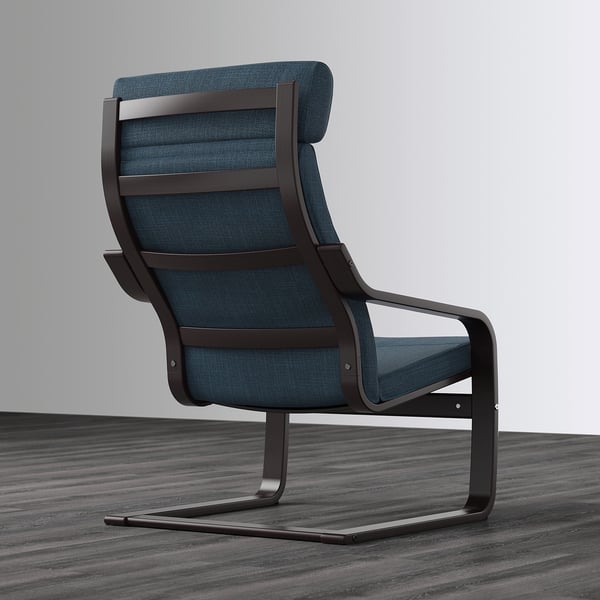 Dark blue cushioned chair with curved wooden frame and metal legs.