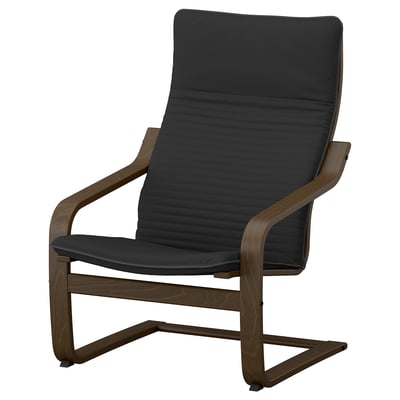 Poang chair in black with a wooden frame, curved armrests, and a padded seat.