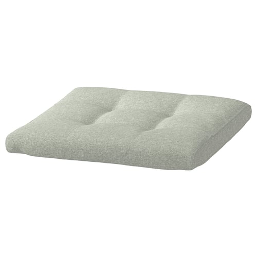 Light grey square POÄNG footstool cushion, tufted design.