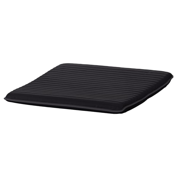 Black rectangular cushion, smooth fabric, POÄNG brand, soft comfort filling, mesh texture sides.