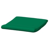Bright green POÄNG cushion, square shape, smooth fabric, simple design.